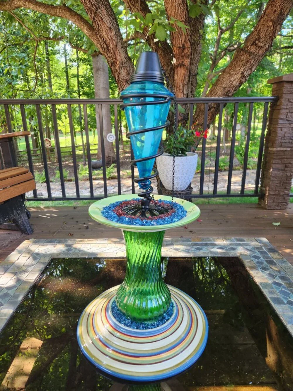 Upcycled Blue Green Tiki Torch Crushed Glass Accents